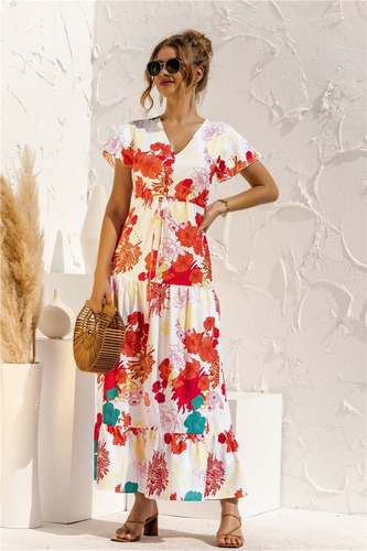 Vestido De Manga Corta Con Cuello En V Y Estampado Floral | Cuotas sin interés Vestido De Manga Corta Con Cuello En V Y Estampado Floral | Cuotas sin interés
