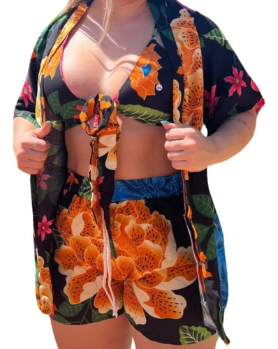 Conjunto Feminina 3 Peças (kimono+short+cropped) Moda Praia