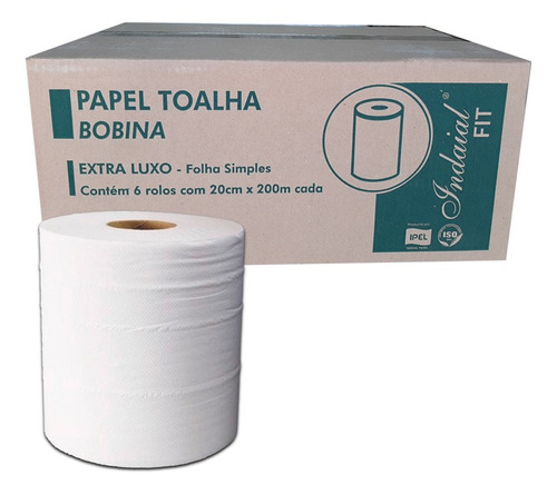 Indaia papel toalha bobina 100% celulose 20cm x 200m 6 rolos 