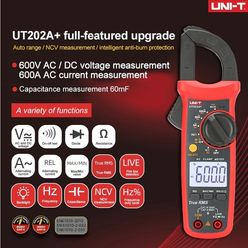Imagen 1 de 7 de Pinza Amperimetrica Uni-t Ut202a+ Tester Capacimetro Ncv Rms