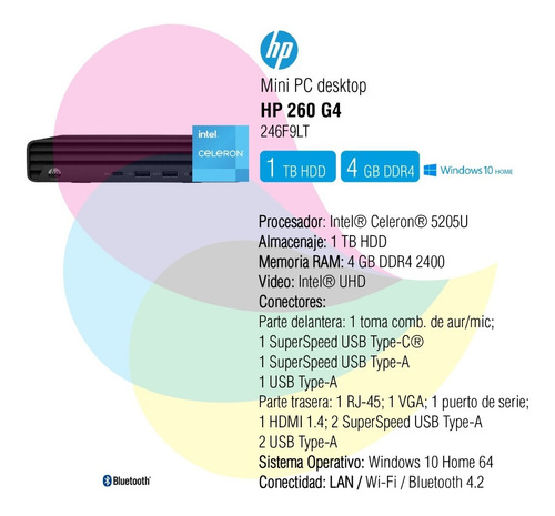 Imagen 2 de 6 de Pc Hp 260 G4 Celeron 5205u/4gb/1tb/windows 10 Home 246f9lt
