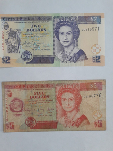 Imagen 1 de 2 de Billetes Belice De 2 Y 5 Dolares (honduras Britanica)