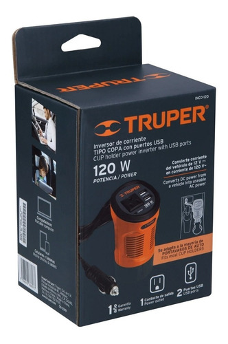 Imagen 2 de 3 de Inversor De Corriente Carro 12v A 110v 120w Truper 10447