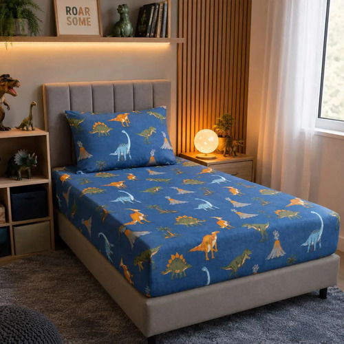 Jogo De Lençol Infantil Solteiro Dinossauros Roupa De Cama Em Malha Com Elástico 2 Peças - 70% Algodão 30% Poliéster Dblun Decorações