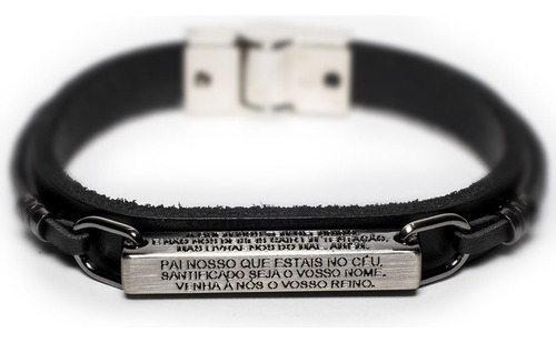 Pulseira Couro Masculina Pai Nosso Prata E Preto