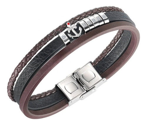 Pulsera Hombre Nautica Con Ankla  De Cuero Y Zirconias 21cm.