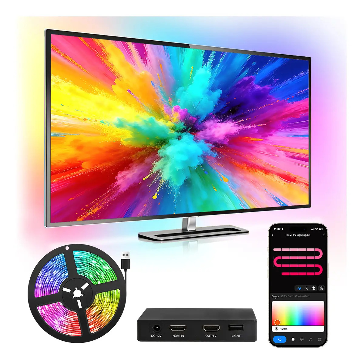 Hutiirich® Rgb Tv Backlight Conectar App Tiras De Led (55-65 Y 75-85) Rgb 3.8m Seguimiento De Luz Rgb Resolución De Vídeo Hdcp 2.2 Compatible Con 4k A 60 Hz, Hdr10+ Alexa Y Asistente De Google