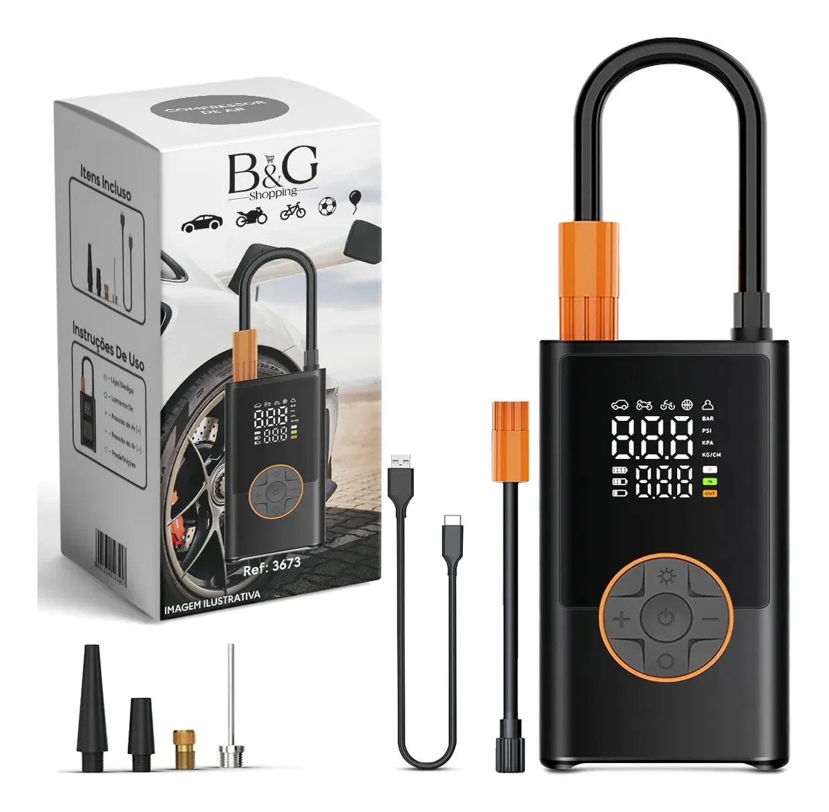 Compressor De Ar Portátil Recarregável Usb-c Powerbank Com Visor Digital Para Carro Moto Bike Inflador De Pneus Eficiente