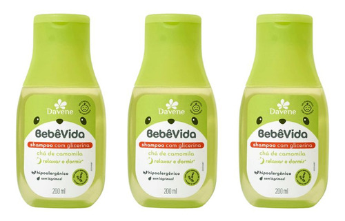 Shampoo Davene Bebe Vida Cha Camomila 200ml - Kit C/ 3un