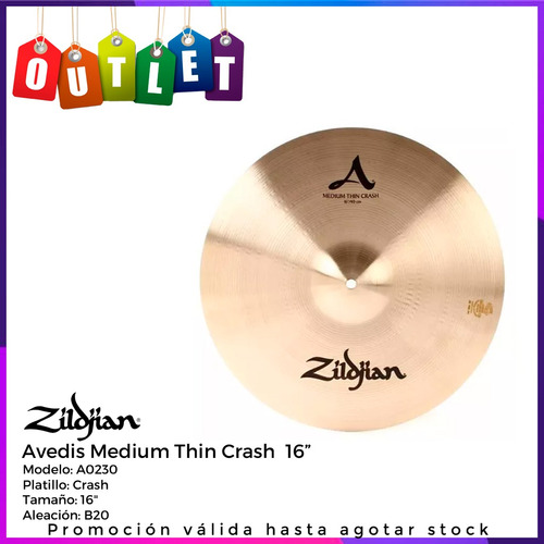 Platillo Zildjian Avedis Medium Thin Crash 16 A0230 Outlet (Reacondicionado)