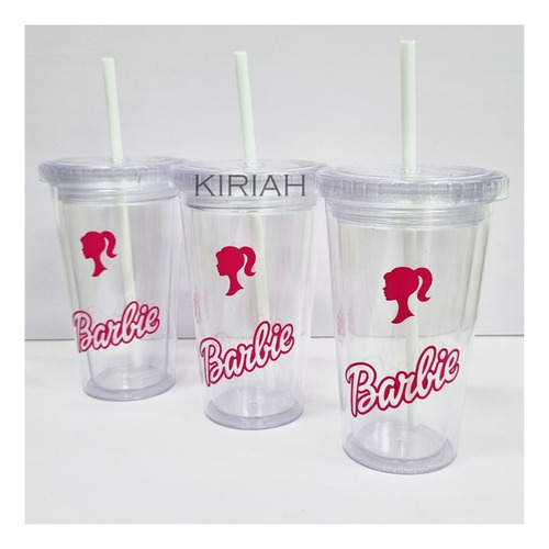 Vaso Barbie Girl Cine Acrílico Con Tapa Sorbete 500ml Rosa