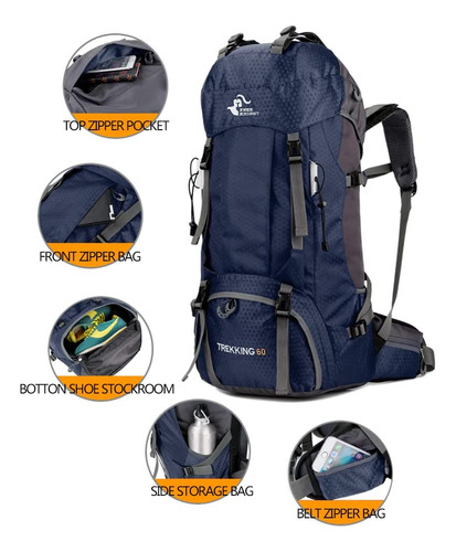 Mochila Senderismo Impermeable Ligera Azul Marino 60l
