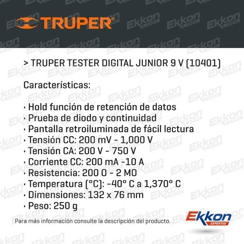 Imagen 2 de 10 de Tester Digital Truper Junior 9 Volts Diodo Y Continuidad