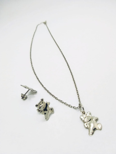 Conjunto De Plata 925 Laminada Cadena Dije Aros Ositos Color Plateado