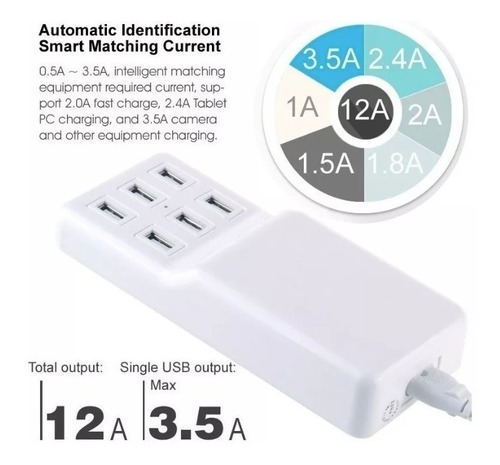 Hub Zapatilla 6 Puertos Usb Cargador 5v 12a 220v Premium