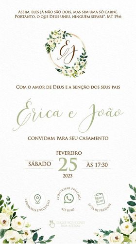 Convite Casamento Digital Interativo Flores Brancas 106b