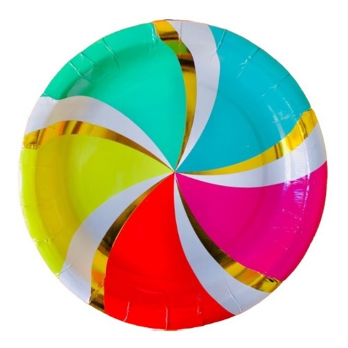 Plato Polipapel Candy Multicolor Ondas Con Dorado X10 Uni 