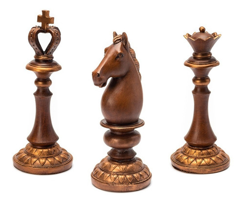 Peças De Xadrez Resina Trio Rei Rainha Cavalo Decoração Cor Bronze