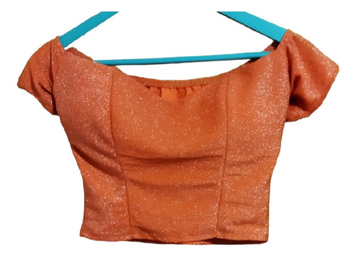 Crop Top Con Manga Naranja Salmón Brillos Nuevo Talla M 