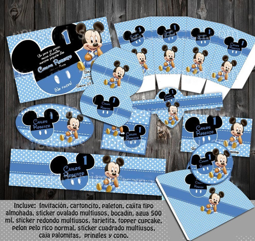Imagen 1 de 2 de Kit Imprimible Mickey Bebe Niño Azul Editable