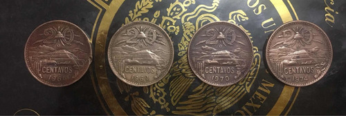 Lote De 4 Monedas De 20 Centavos Pirámide, Dif Años, Cobre