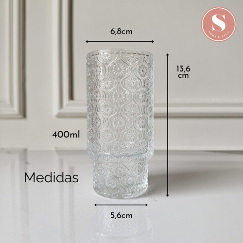 Set 4 Vasos Vidrio Relieve Flor Begonia 280ml Agua Cafe