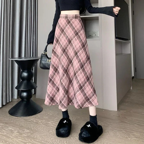 Falda Midi En Forma De A A Cuadros Rosa Para Mujer Elegante