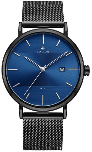 Relógio Masculino De Pulso Minimalista Moderno Vanglore 3288a Preto Visor Azul 40 Mm Aço Inoxidável Selecty Social Esporte Fino