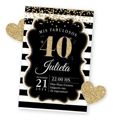 Invitacion Imprimible 15 40 Años Negro Glitter Dorado