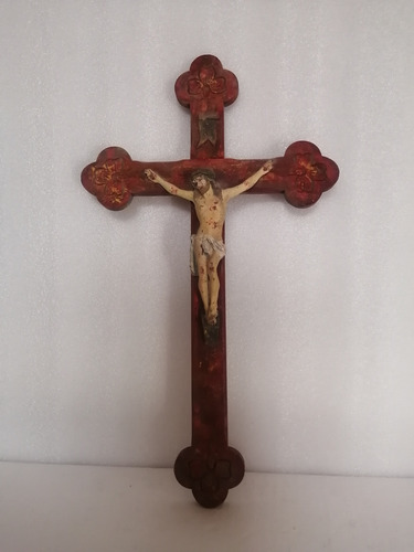 Estatua Religiosa Cristo Antiguo Cruz Madera Metal Policroma