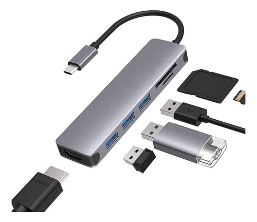 Hub Usb C 6 En 1 Hdmi 4k, Usb 2.0, 3.0, Sd, Mac Pc Android