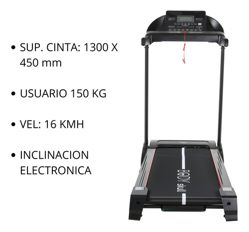 Cinta Caminadora Electrica Body Skull - Velocidad 16 Km/h - Inclinacion Automatica 15 Niv - Usuarios 150 Kg - Superficie 1300x450 Mm - Plegable - Con 6 Amortiguadores Sistema Anti Shock - 2733 Negra