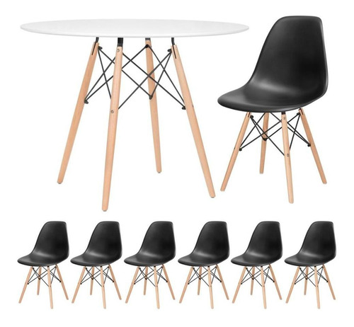 Kit Mesa Jantar Eames Wood 100 Cm 6 Cadeiras Eifel Cores Cor Mesa branco com cadeiras preto