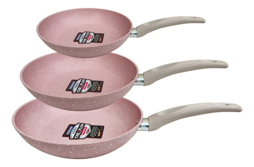 Juego De 3 Sartenes Antiadherente Mármol Libre Pfoa 16 Capas Rosa Pálido