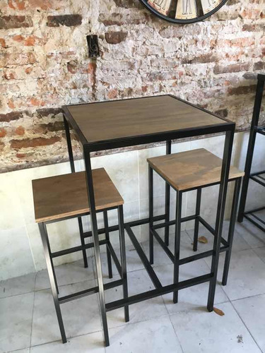 Imagen 4 de 6 de Mini Barra Hierro Madera 60x60x105cm + 2 Taburetes Cervecera