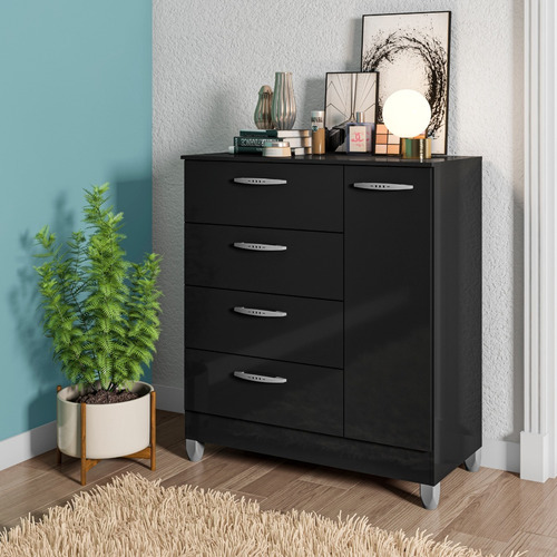 Comoda 4 Cajones 1 Puerta Color Negro