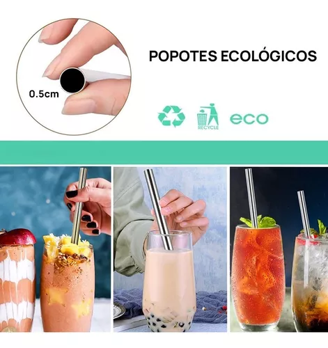 Kit Popotes De Acero, Goma Y Vidrio Reforzado Con Limpiador