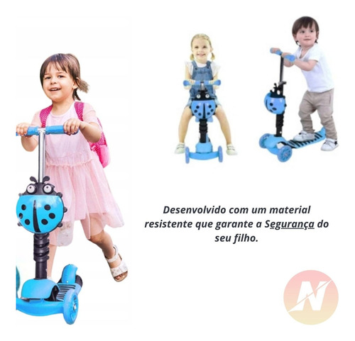 Imagem 4 de 7 de Patinete Infantil 3 Rodas Joaninha 2 Em 1 Com Luz - Azul