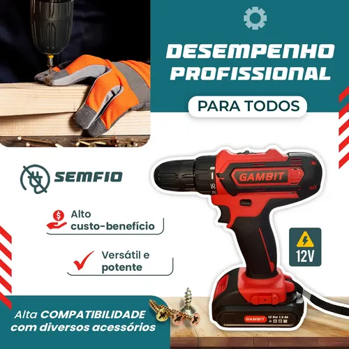 Furadeira Parafusadeira Gambit Kit Profissional Com Maleta | Frete
