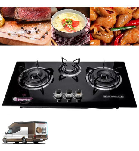 Cocina Encimera A Gas Placa Vidrio Templado Line 3 Platos