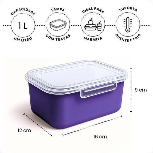 5 Potes Com Trava 1l Para Alimentos Marmitas Reutilizável