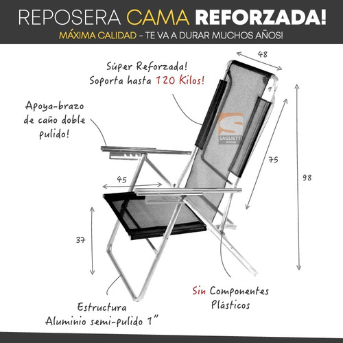 Reposera Cama Aluminio Alta Reforzada 120 Kilos Alumel 270