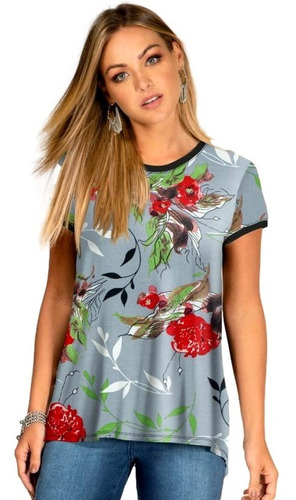 Blusa Blusinha Mullet Alongada Estampa Floral Azul Feminina