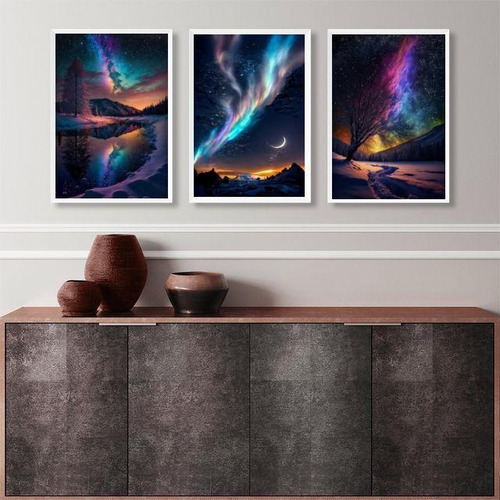 Juego de 3 marcos decorativos Aurora Boreal, 45 x 34 cm, con cristal