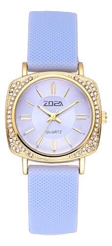 Reloj Zoea Ez8066 Mujer Cuarzo Silioc 30m Resistente Al Agua Correa Azul Bisel Dorado Fondo Azul