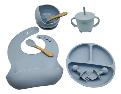 comprar Kit Refeição Bebê Prato Babador Copo Talher Silicone Azul
