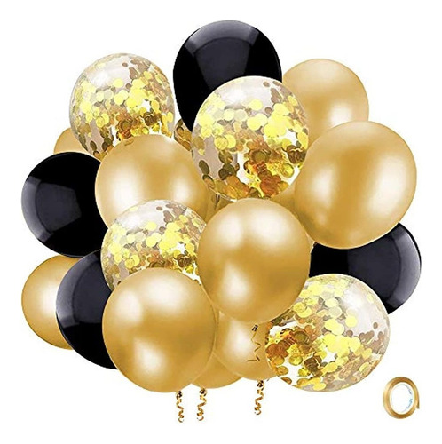 Globos De Látex Con Confeti De Oro Negro, Paquete De 50