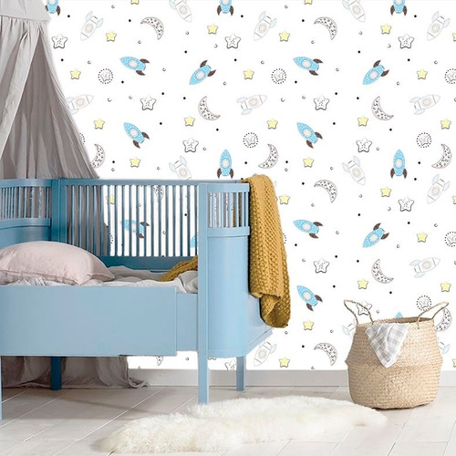 Imagem 4 de 5 de Papel De Parede Infantil Foguetes Azul No Espaço 310x58cm