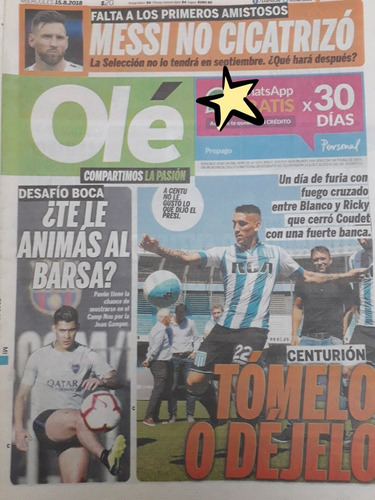 Diario Ole 15 Agosto 2018 Pavón Centurión 