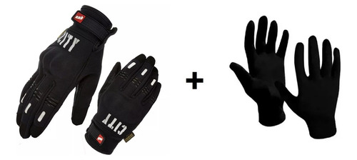 Guantes City + Guantes 1ra Piel Moto Softshell Termico Negro